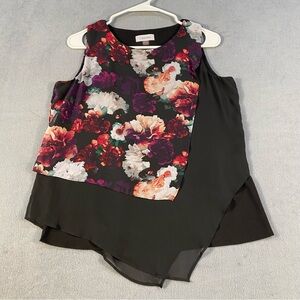 Calvin Klein Women’s Black & Red Floral Blouse, Layering, Asymmetrical Hem, XS
